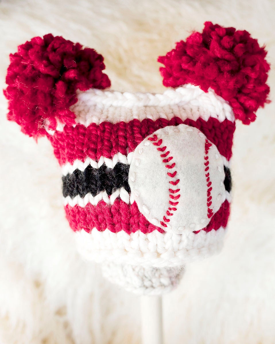 Newborn Knitted Baseball Pompom hat - Black, Cream and Red - Photography Prop - Newborn size - Ready to ship