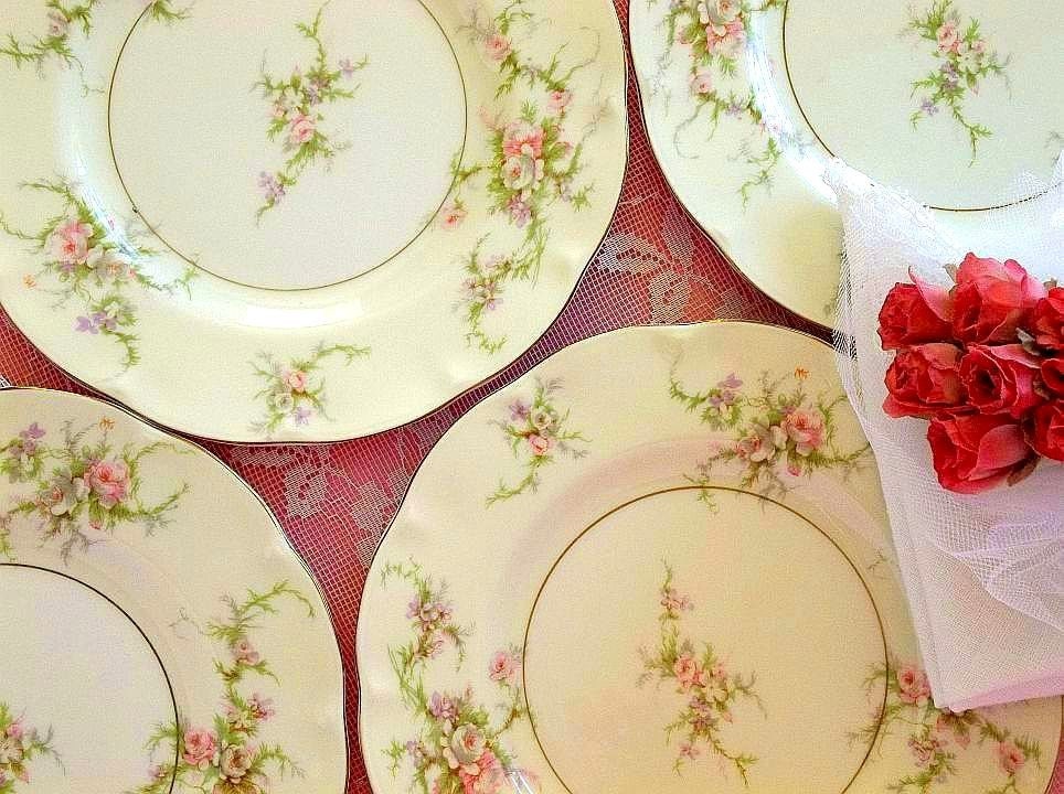 SALE Antique Theodore Haviland Rosalinde set of FOUR 1940's floral dessert salad plate cake plates cottage shabby elegant EXCELLENT Gorgeous