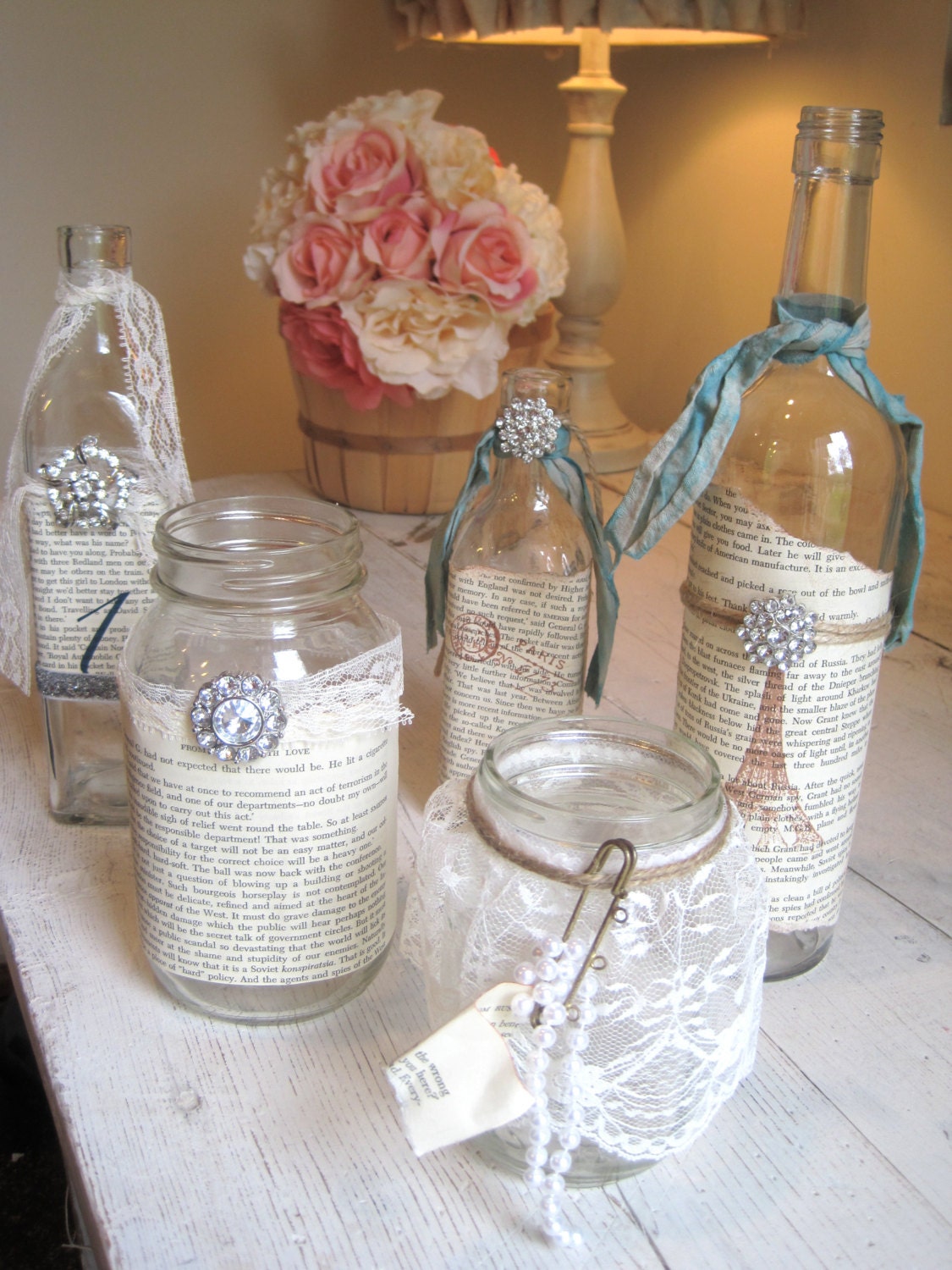 Vintage-Shabby Chic Table Decor- Set of 5 Vintage Glass Jars