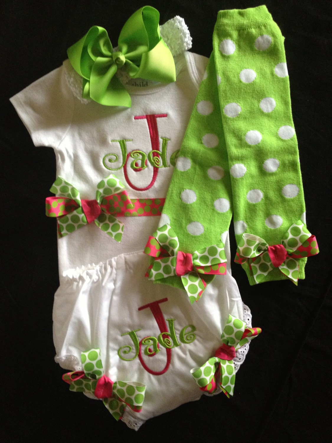 Custom Personalized Monogrammed Onesie, Bloomers, Legwarmers with matching bows & Hair Bow...Bodysuit Diaper Cover for BaBy GiRl