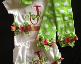 Custom Personalized Monogrammed Onesie, Bloomers, Legwarmers with matching bows & Hair Bow...Bodysuit Diaper Cover for BaBy GiRl
