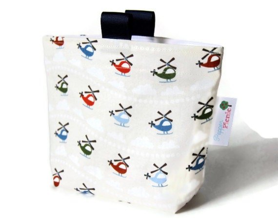 Reusable Snack Bag, Eco Friendly, Gusset and Finger Tabs, Helicopters in Cream "Scoot" Fabric by Riley Blake, Blue, Red, Green, Yellow