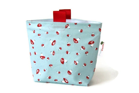 Reusable Snack Bag, Eco Friendly, Gusset and Finger Tabs, Teeny Mushrooms in Blue, Aqua and Red, Moda Fabric by Aneela Hoey
