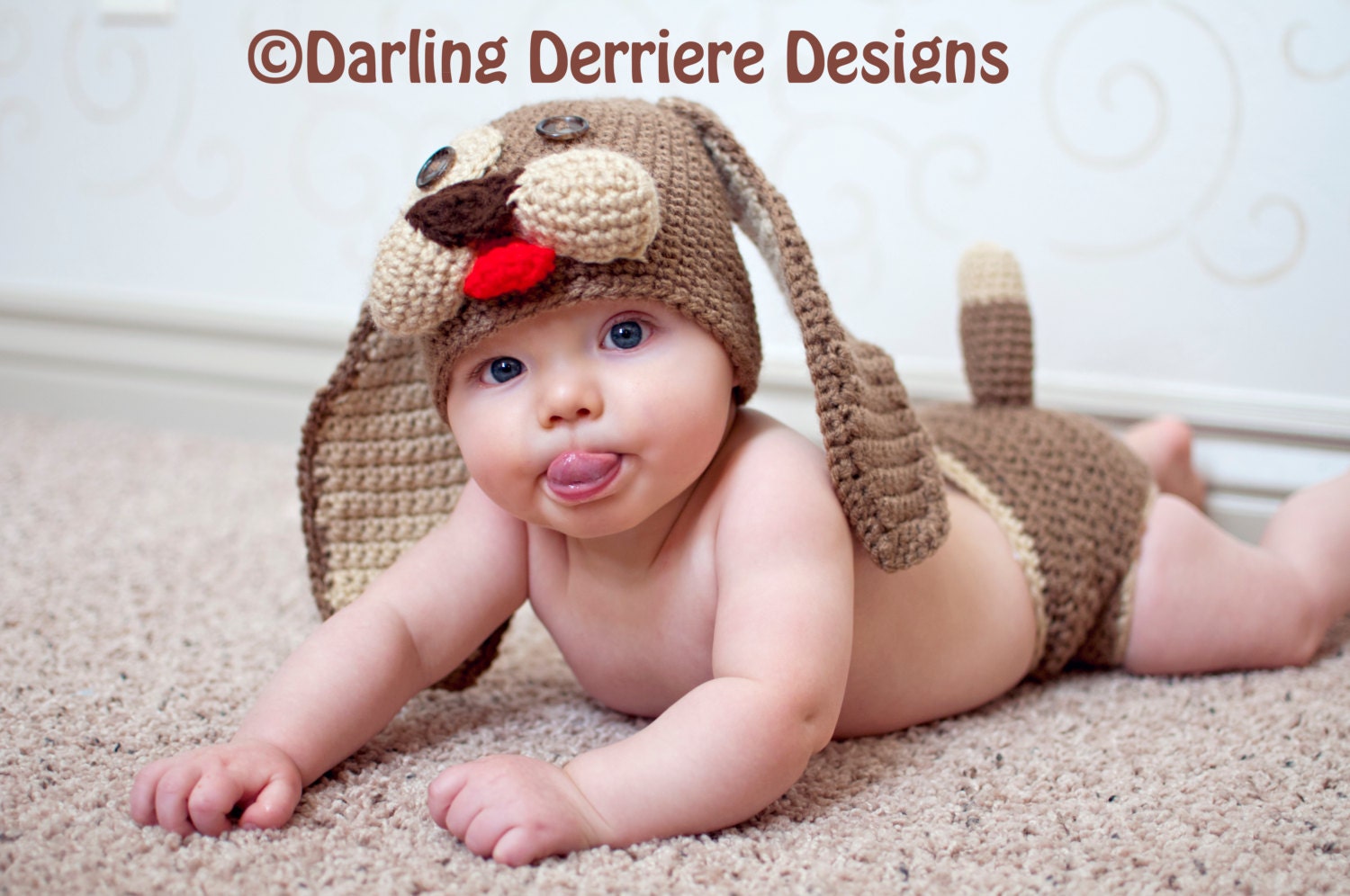 3-6 Month (READY TO SHIP) Baby Puppy Crochet Diaper Cover and Beanie