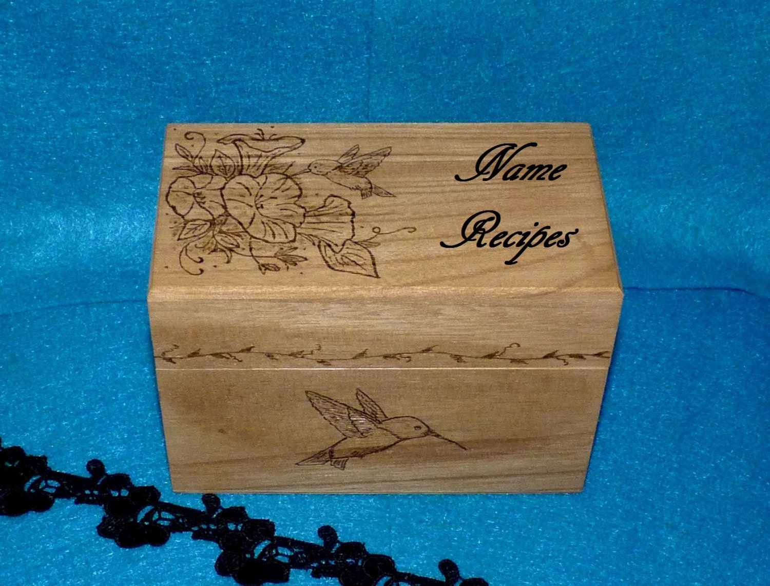 Recipe Box- Wood Burned, Wood Recipe Box, Hummingbird, Flowers, Vintage Style, Decorative Wood Box, Burned, Rustic, Wedding
