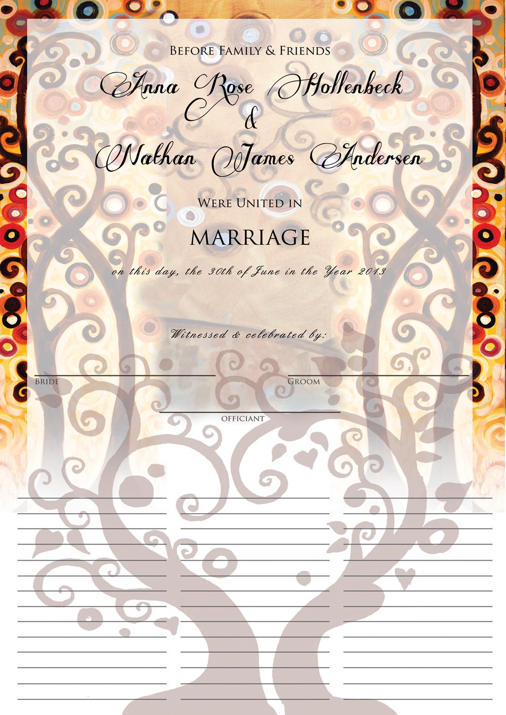 Marriage Tree Lovers Swirly Custom Marriage Wedding 12x16 Certificate Original by Natasha Wescoat