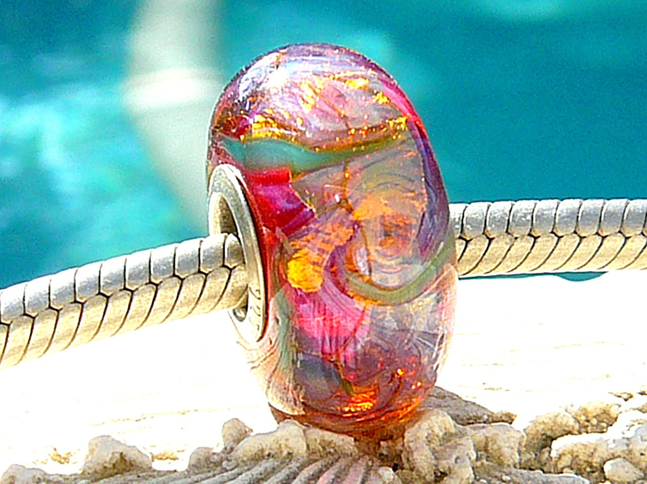 PINK GLITTERIZE OPAL Fully Lined Sterling Silver Big Hole Bead Trollbeads Chamilia European Charm Bracelets Lampwork