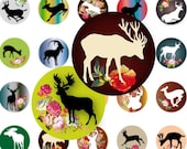 Deer Flowers Woodland Vintage Circles Digital Collage Sheet 1 inch. Printable images for pendant 126