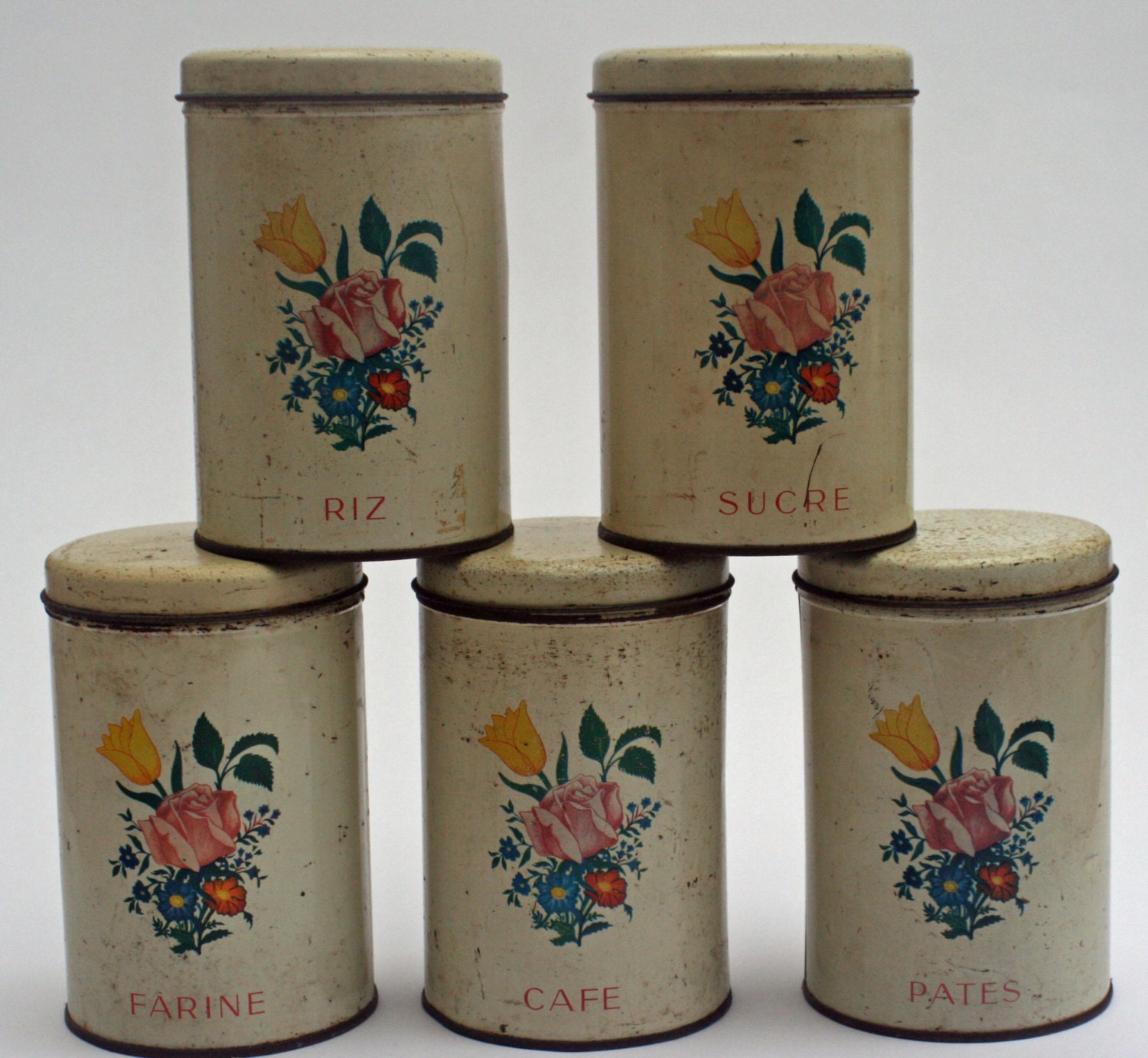 Set of 5 Pretty French Tin Cannisters