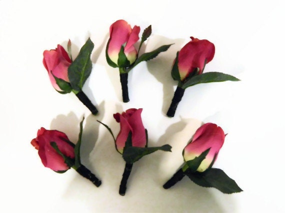 Pink rose boutonnieres, set of six, artificial flowers, buttonhole, destination wedding groom groomsmen father, fuchsia pink