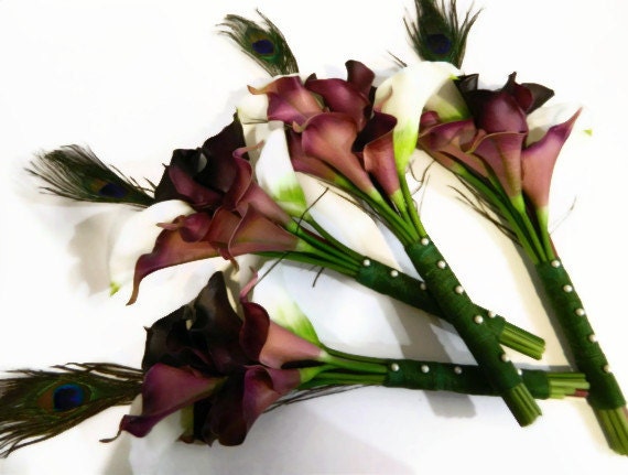 Calla lily & Peacock Bridesmaids Bouquets, set of four, purple, eggplant, white, peacock feather, silk wedding flowers, peacock wedding