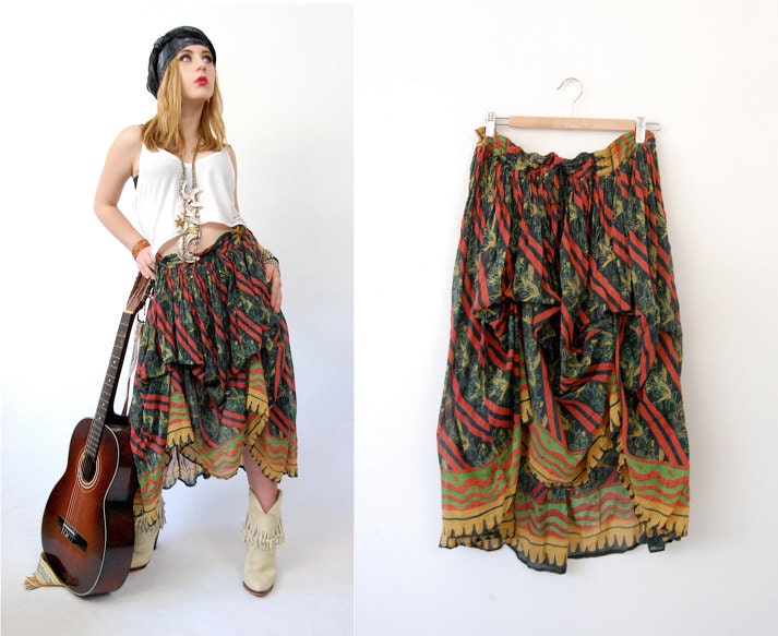 Vintage 80's boho draped high low gypsy skirt / tribal hippie ethnic rocker bubble skirt / open size