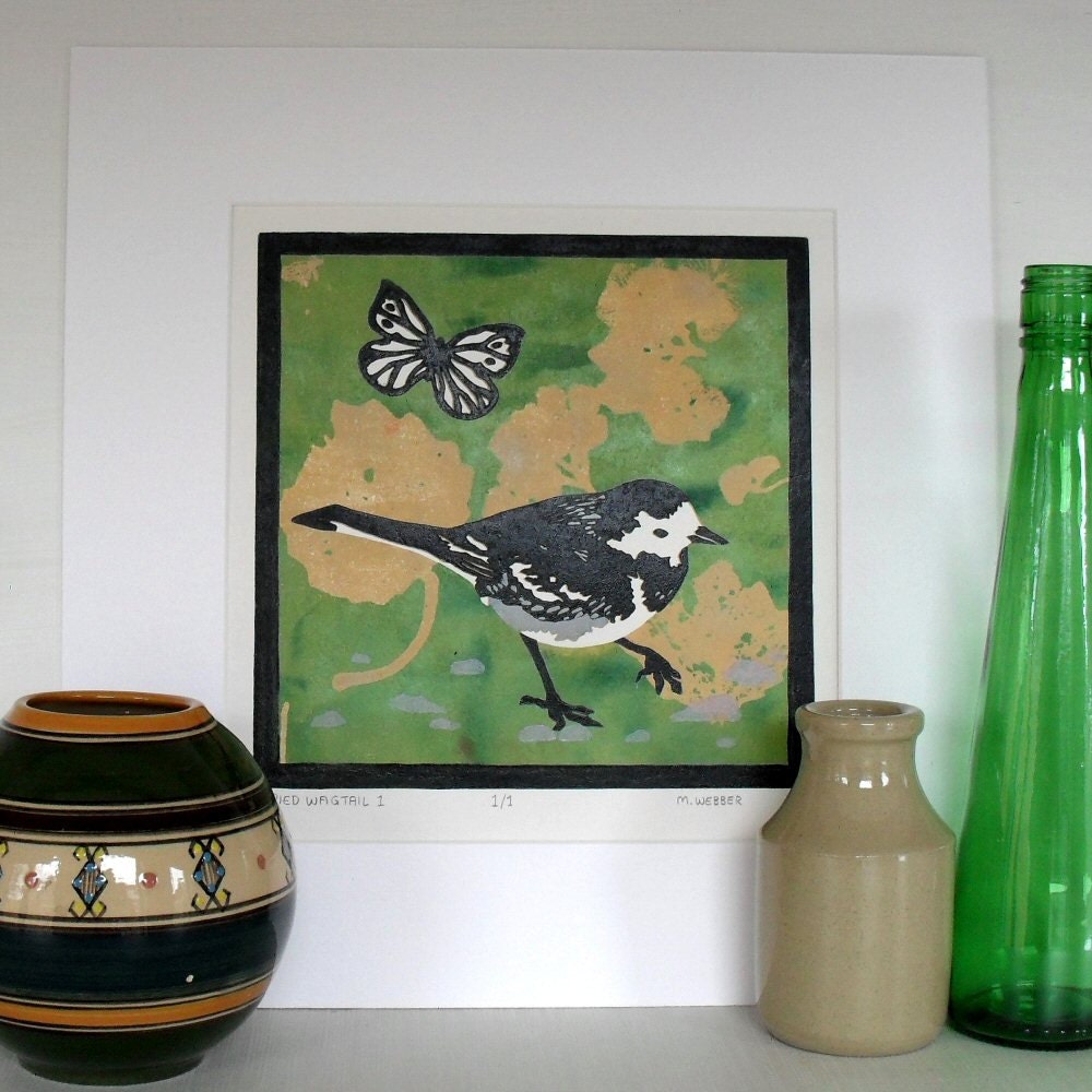 Bird and Butterfly Pied Wagtail Linocut Lino Print in Yellow, Black and Green