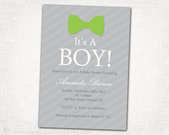 Bow Tie Baby Boy Shower Invitation - Boy Shower Invite - PRINTABLE DIY Digital File - Green Gray - Bow Tie Collection Il_570xn