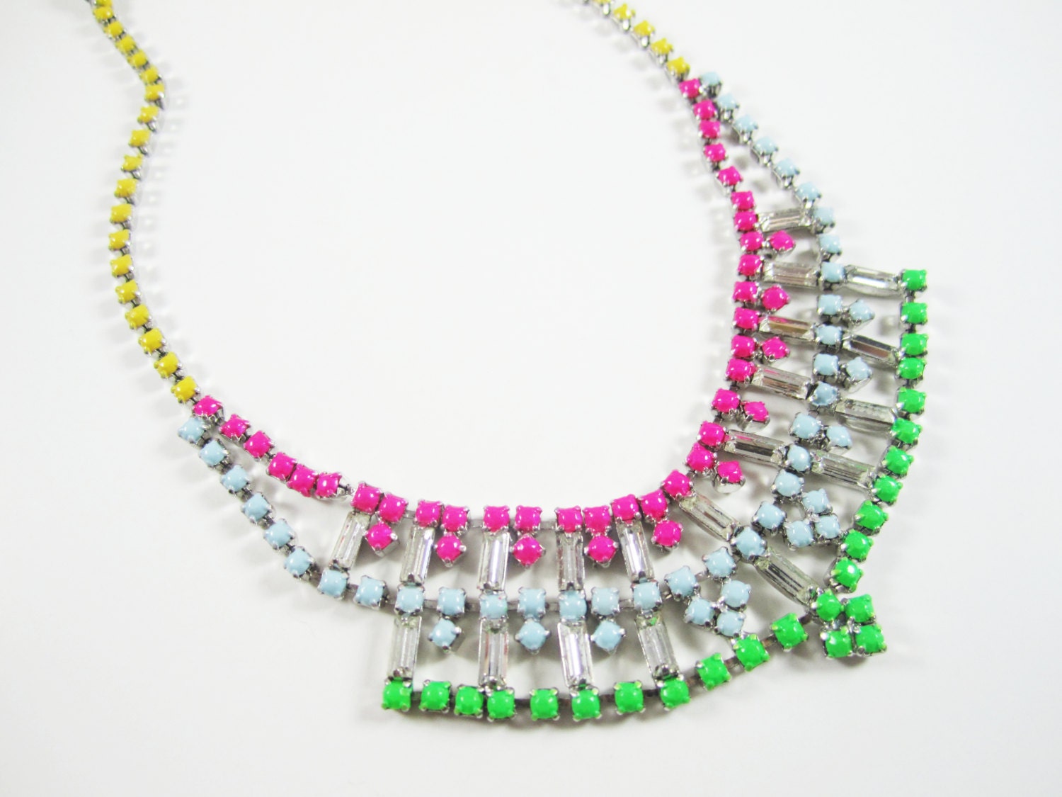 The Mirella Necklace - Hand Painted Genuine Vintage Rhinestone Necklace - Neon Green Blue Yellow Fucshia - OOAK