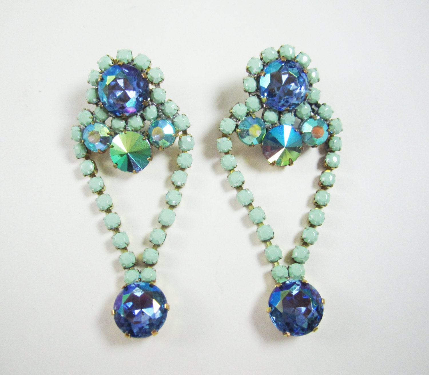 One Of A Kind - Vintage 1950s Hand Painted Mint Green And Blue Rhinestone Earrings - by Love Obsessed