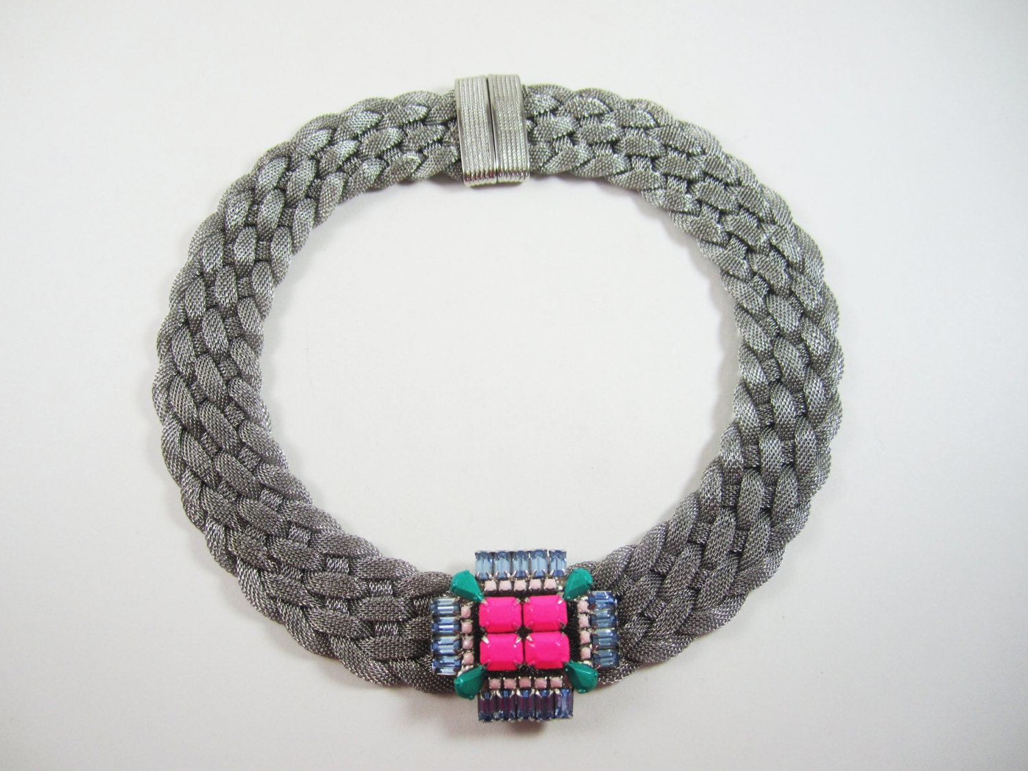 The Kelis Necklace - OOAK - Braided Mesh Collar Necklace with Vintage Hand Painted Center  by Love Obsessed