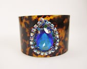 One Of A Kind Love Obsessed Design - Tortoise Cuff with Vintgage Blue Teardrop Rhinestone Center - OOAK
