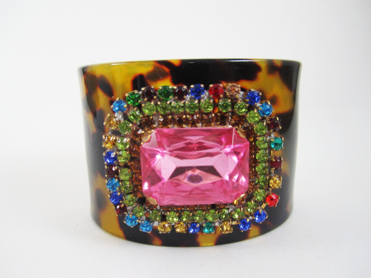 One Of A Kind Love Obsessed Design - Tortoise Cuff with Vintage Rhinestone Center - OOAK