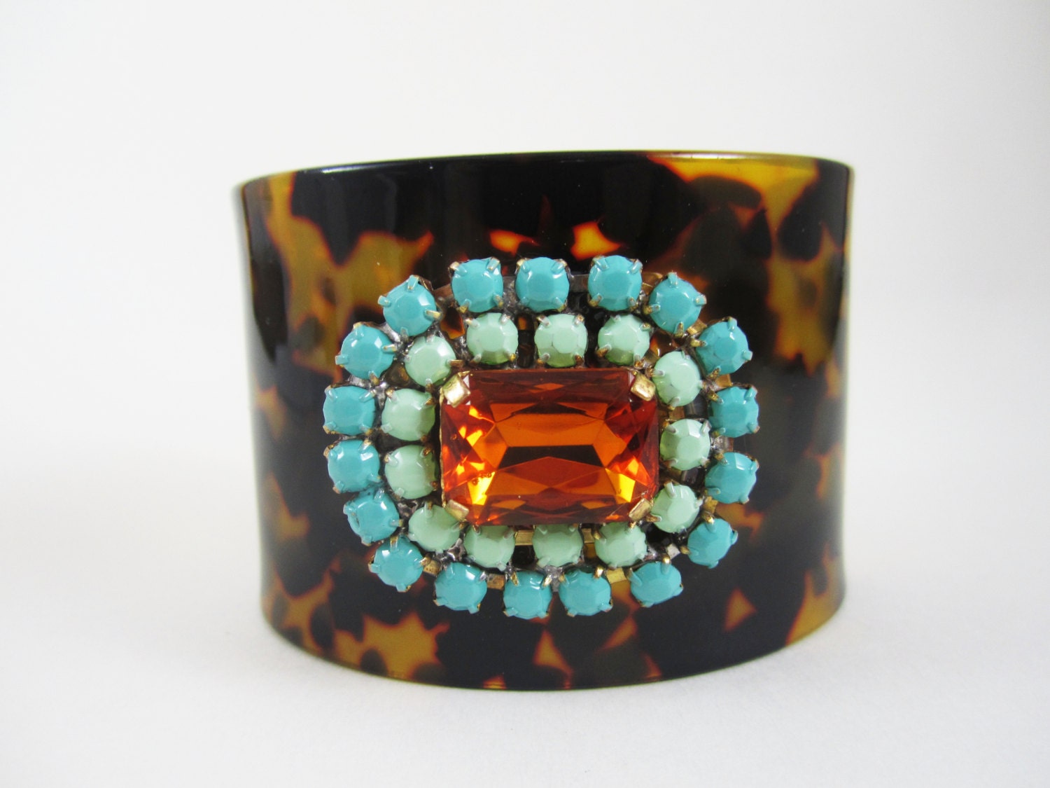 One Of A Kind Love Obsessed Design - Tortoise Cuff with Hand Painted Rhinestone Center - OOAK