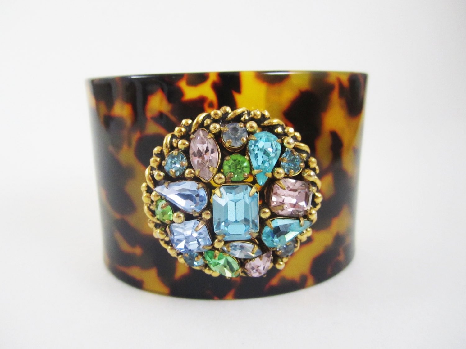 One Of A Kind Love Obsessed Design - Tortoise Cuff with Vintage Pastel Rhinestone Center - OOAK