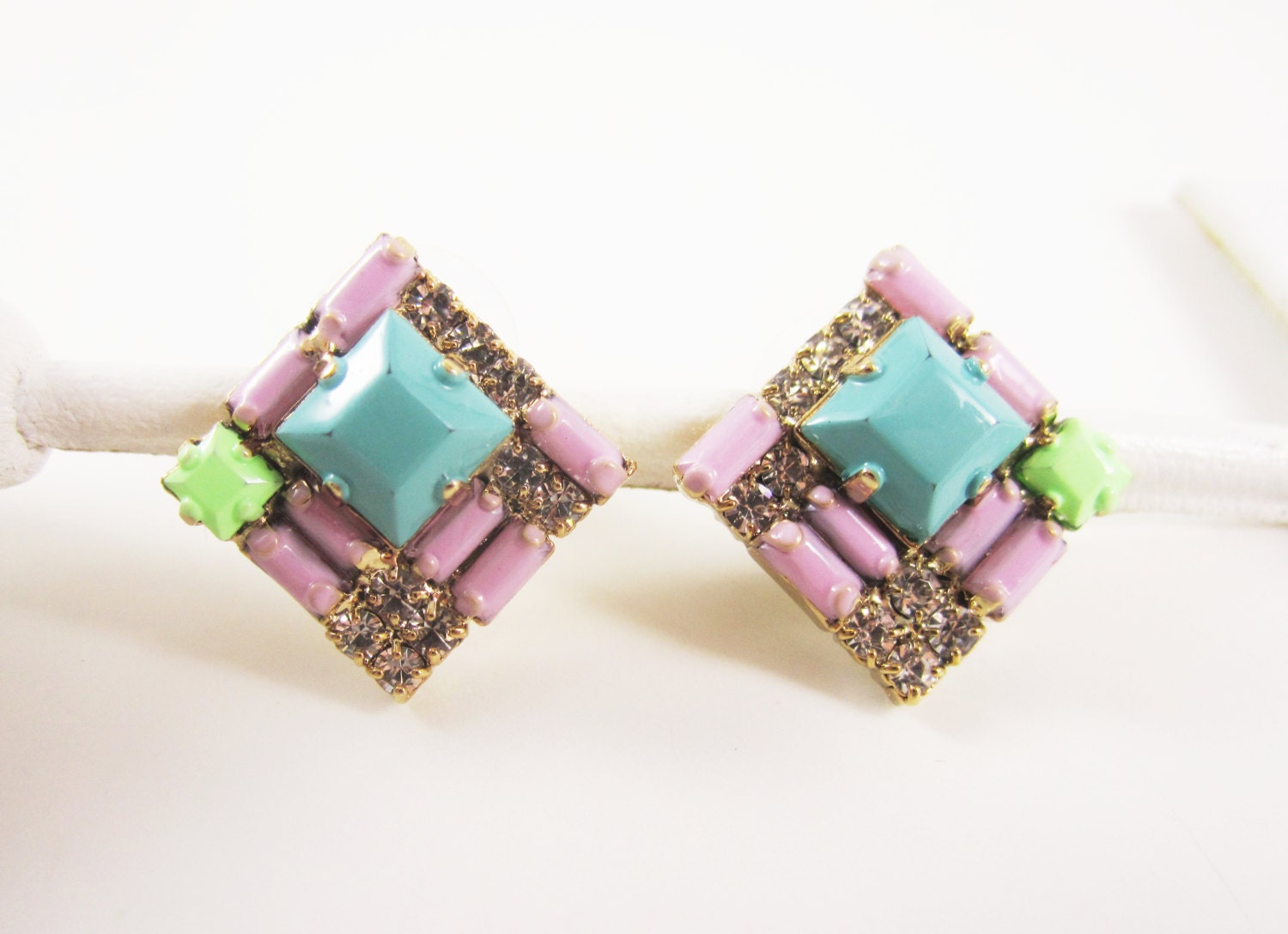 The Lou Earrings- One Of A Kind -  Hand Painted Lilac, Turqouise, and Mint Rhinestone Earrings - by Love Obsessed