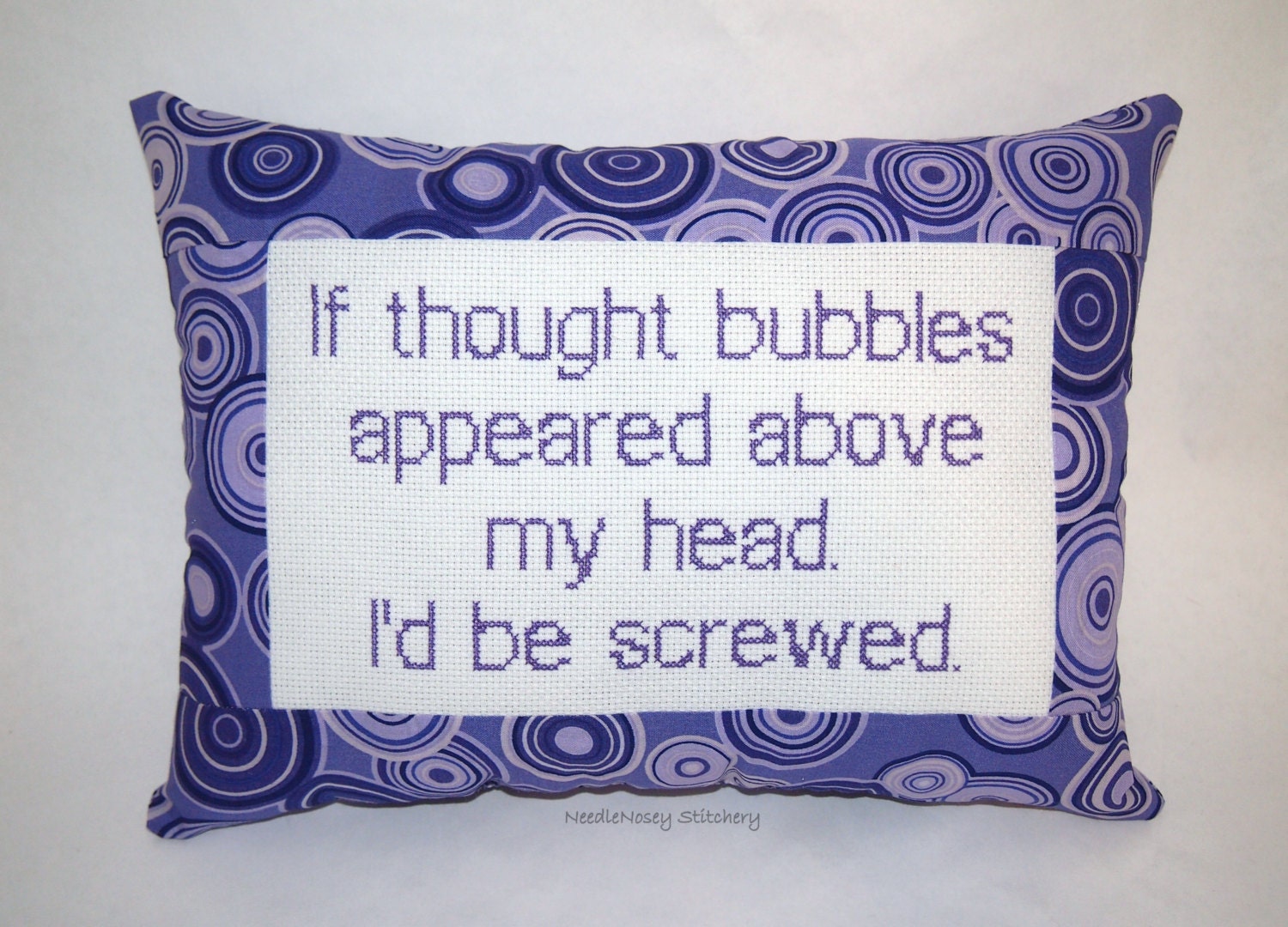 Funny Cross Stitch Pillow, Purple Pillow, Thought Bubble Quote
