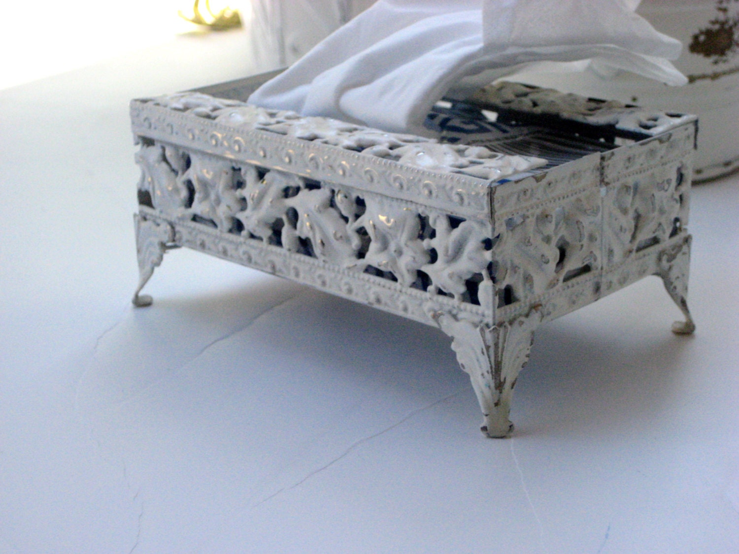 Small sized Tissue Box made from Vintage Brass painted and distressed, Antique white