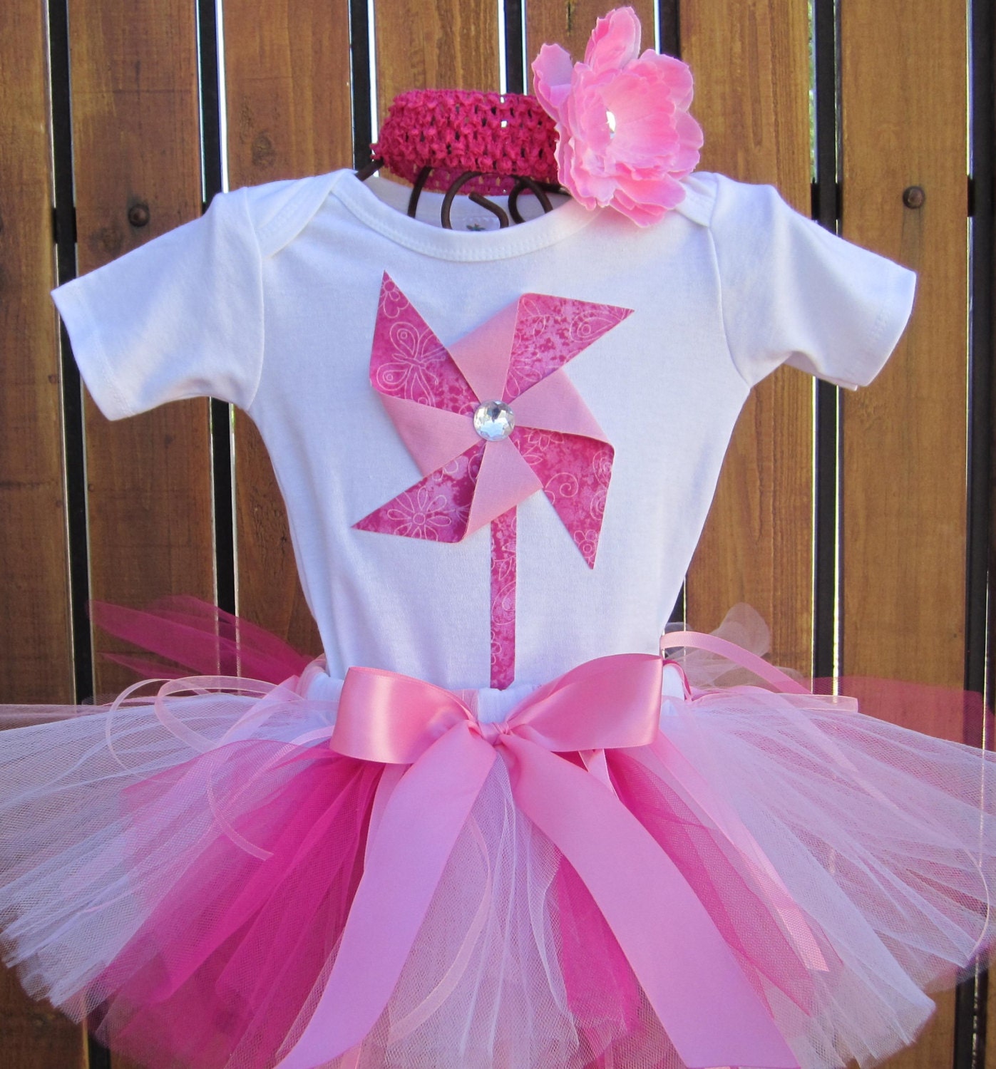 PINWHEEL FUN - 3D Cupcake 1st Birthday Set Includes Tutu, 3D Pink Pinwheel Onesie and Free (1) Flower Headband- 1st 2nd 3rd 4th 5th bday