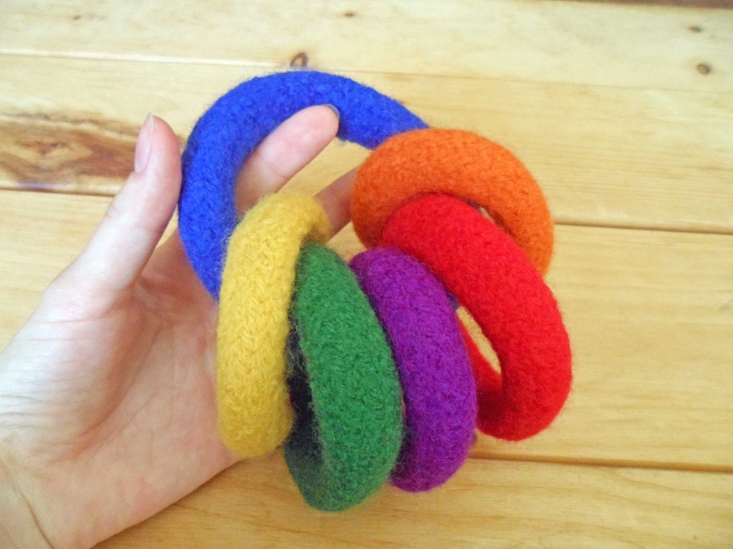Rainbow Felted Teething Rings, Safe and Healthy, Natural Baby Toy, Waldorf Inspired, Hand Knit, For Baby Boy or Baby Girl, Felt Play Toy