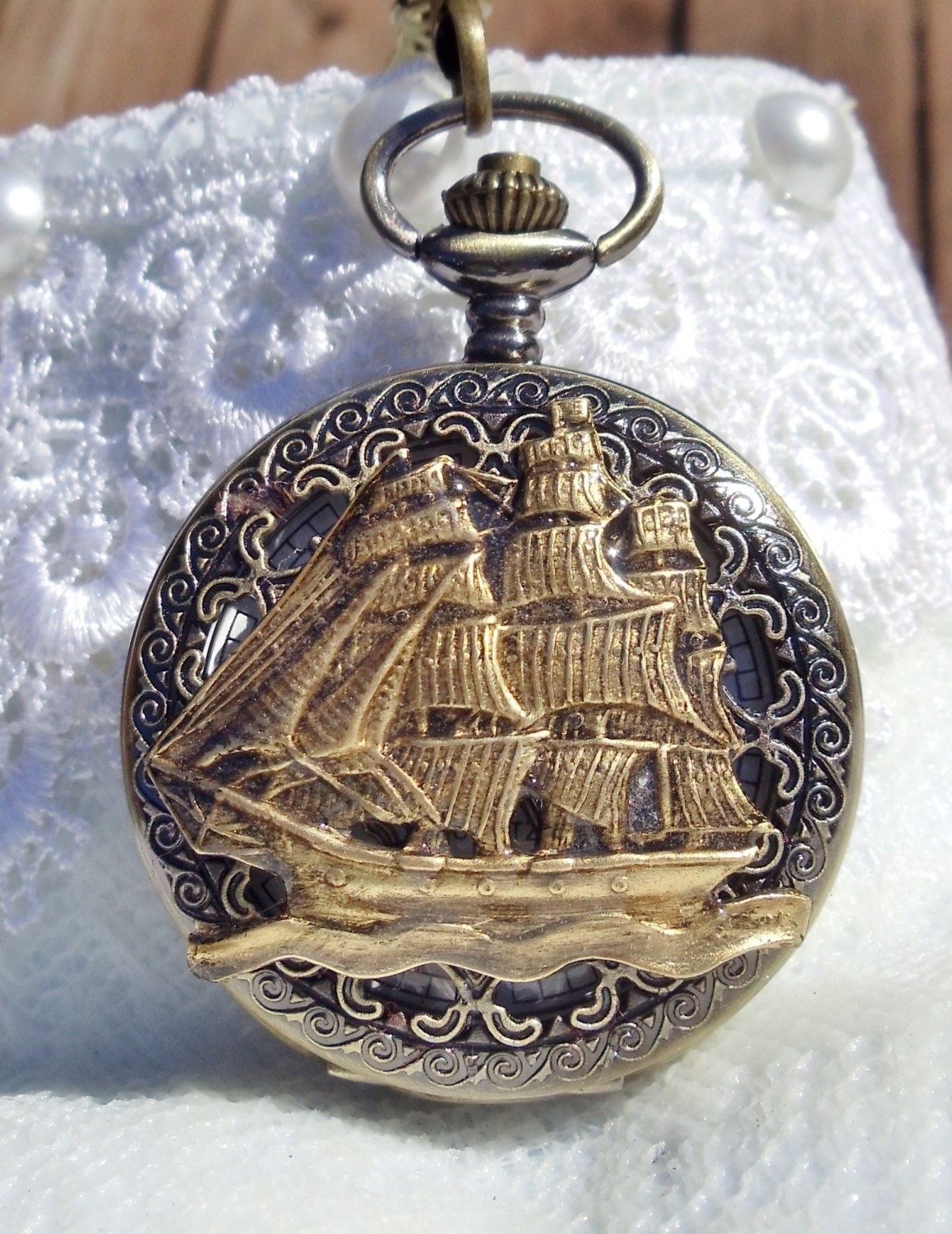 Nautical pocket watch, men's pocket watch, nautical theme, front case ...