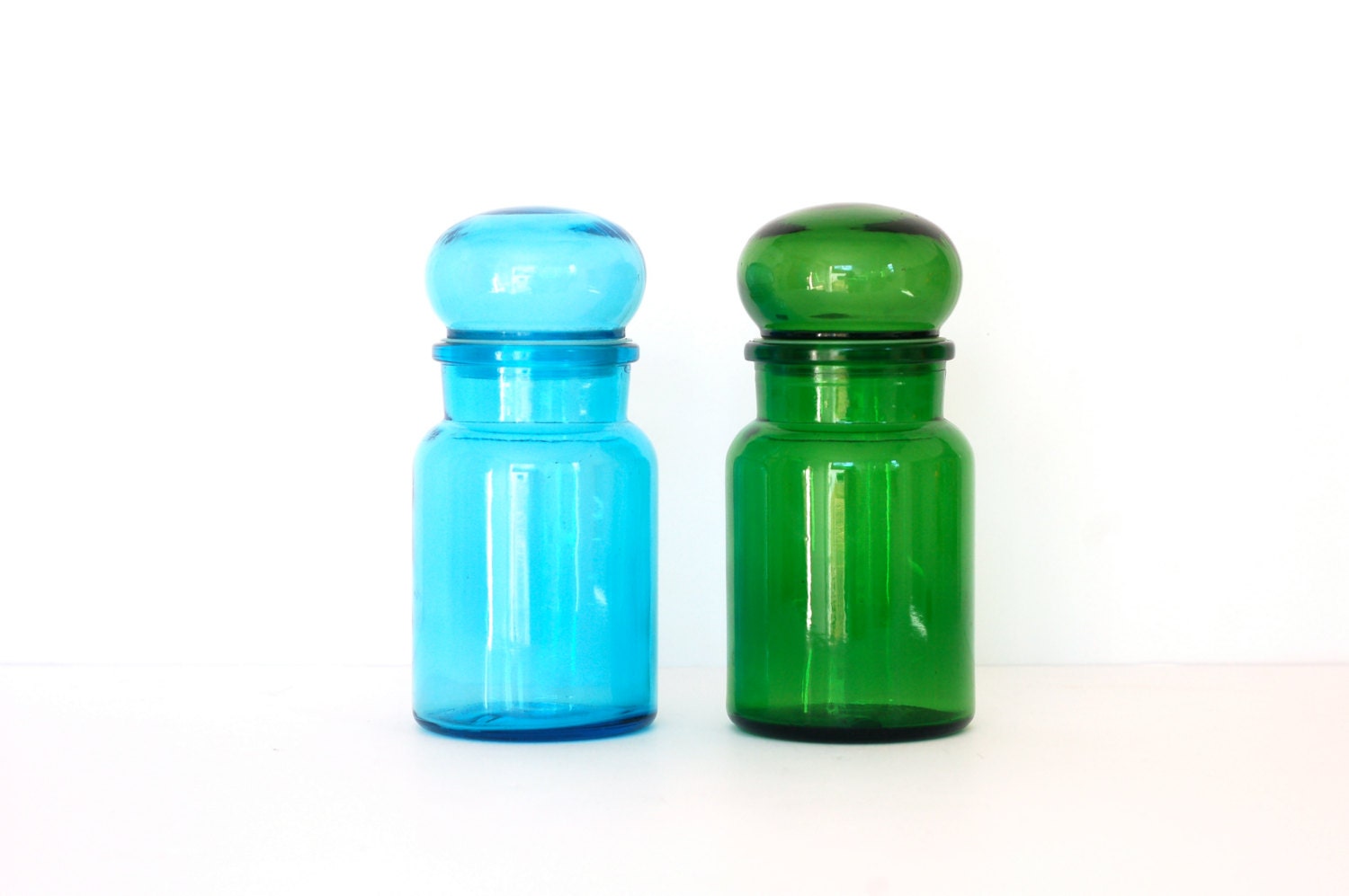 Set of 2 Vintage Begium Glass Jars-Blue and Green