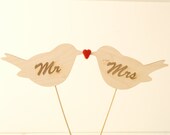 Mr Mrs Wedding Cake Topper Love Birds, Wood, Unique Woodland, Needle Felted Bride and Groom, Cute red Heart