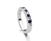 Blue sapphire ring, white sapphire, wedding band, white gold, sapphire wedding, eternity ring, micro pave, unique, multicolor