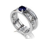 engagement ring set,  blue sapphire, Filigree ring, diamond wedding band, sapphire engagement, filigree engagement, micro pave