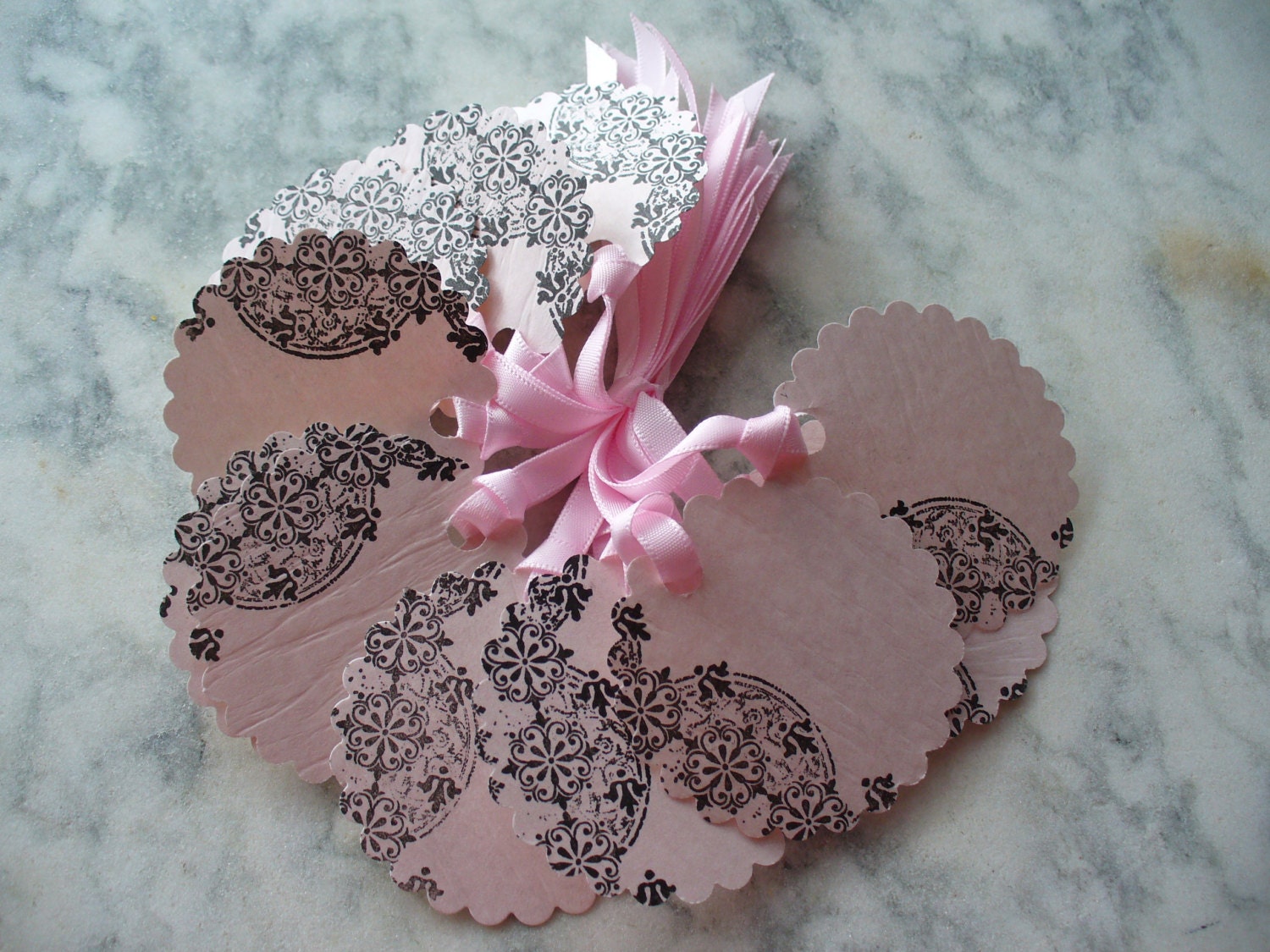 Set of 12 Pretty Pink Hang Tags with Black Lace Design, Birthday Gift Tags, Party Favor Tags, Weddings Gift Bag tags, Round Scalloped Tags