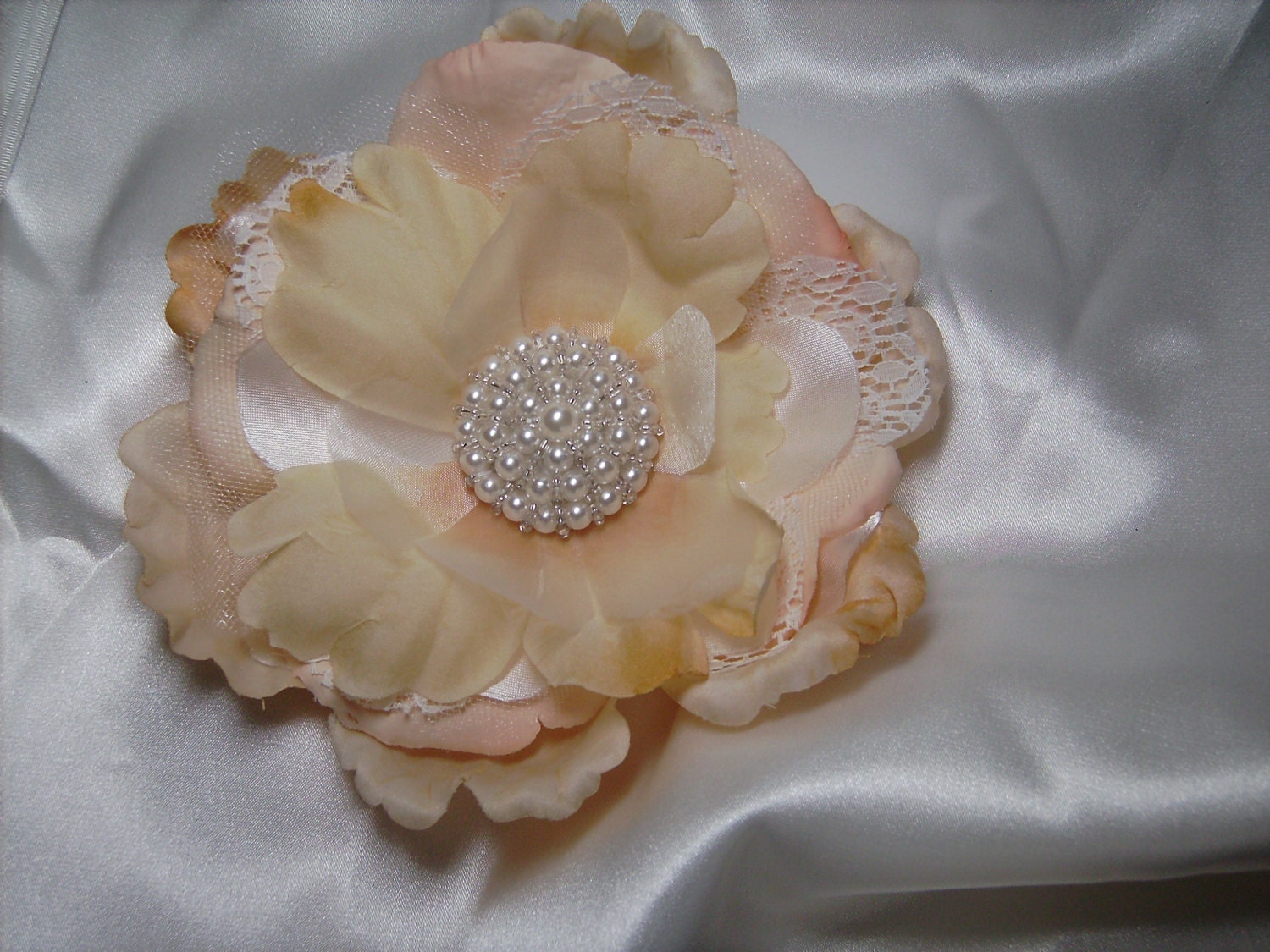 Cream Ivory Champagne Lace Pearl Bridal hair clip fabric flower brooch pin barrette bow sparkly tulle satin silk