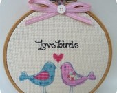 Love birds: handmade, cross stitched wall art in 6inch (15cm) hoop. Perfect for romantic home decor and Valentine's gift