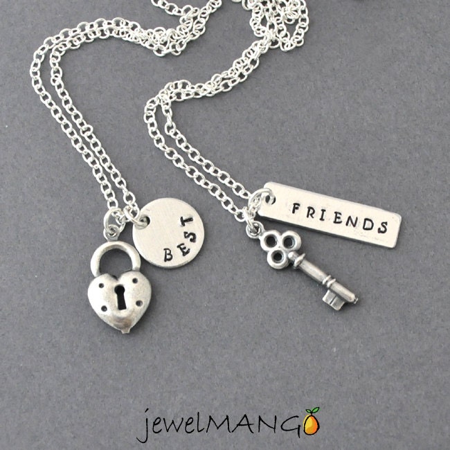 best friend necklace in silver, friendship necklace, bff, key and lock necklace, besties, couple necklace by jewelmango