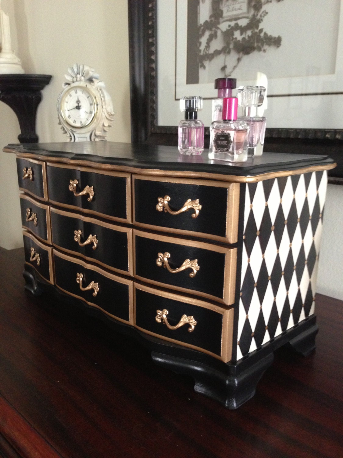 Antique Musical Hand Painted Harlequin Black And Gold Jewelry Box