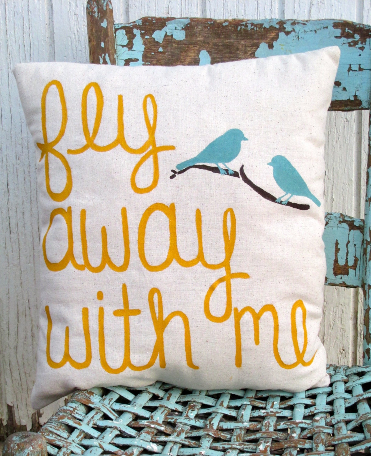 Fly away with me pillow with two birds on limb -great housewarming gift for new couple. comfy rustic pillow