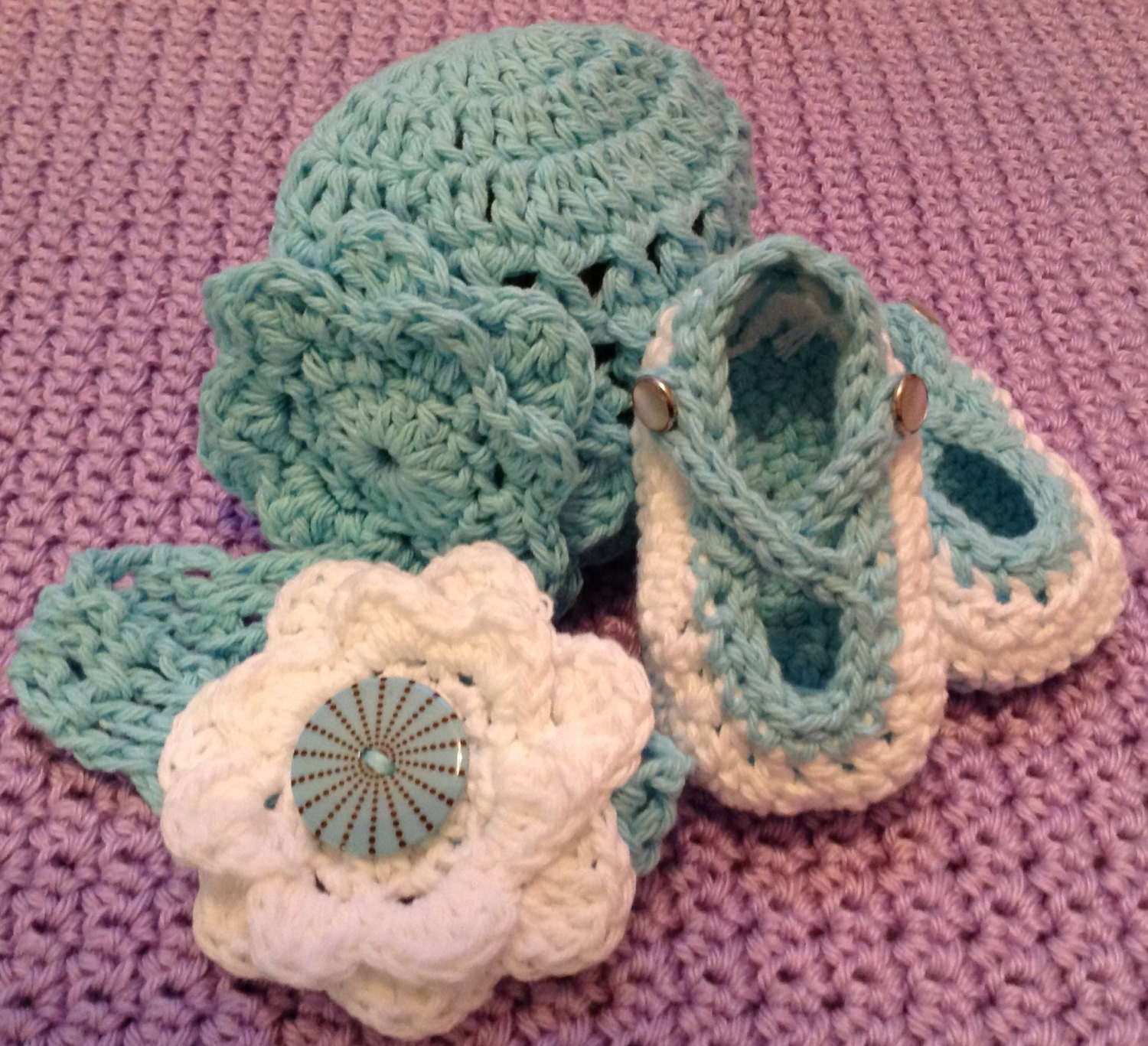 Crochet Headband, Booties, and Hat Baby Girl Photography Prop Shower Gift Cotton Aqua and White 0-3 months