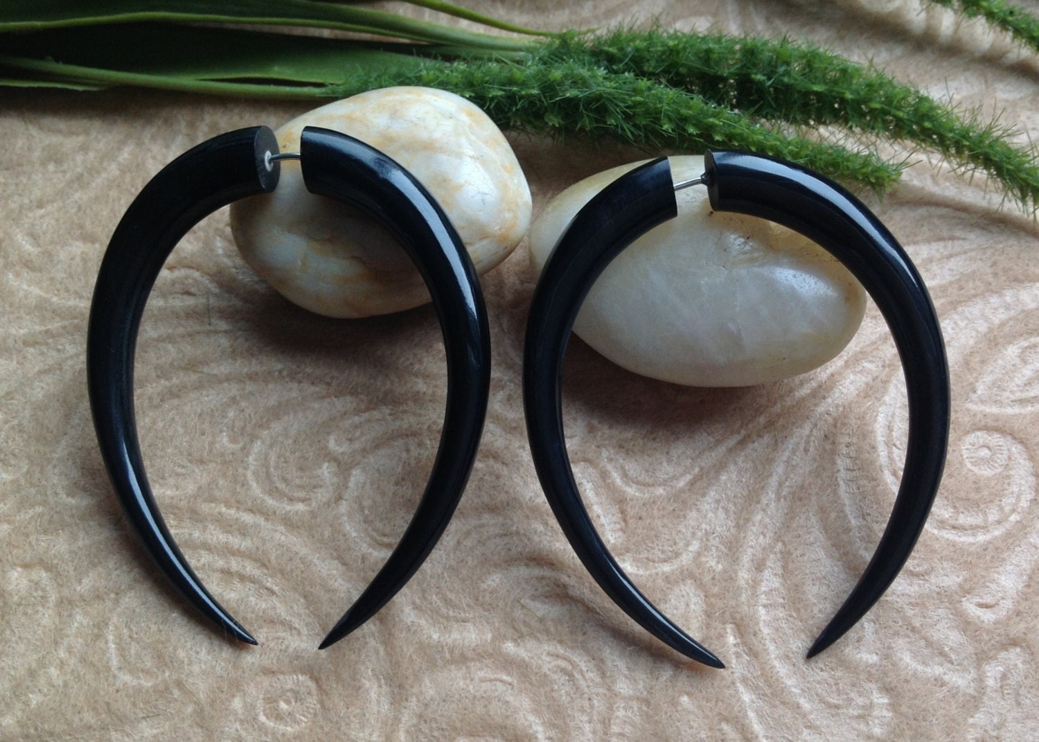 Fake Gauge Earrings, "XL Pinchers" Naturally Organic, Horn, Hand Carved, Tribal