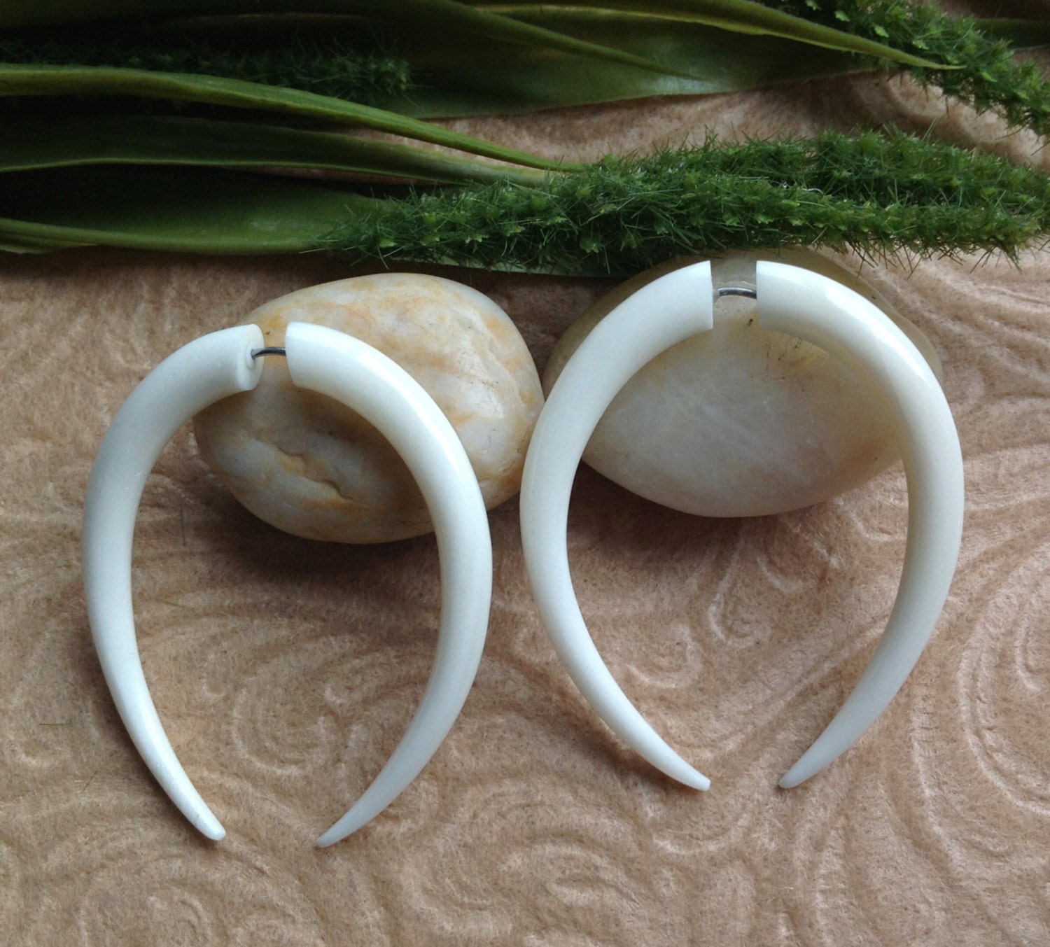 Fake Gauge Earrings, "XL Pinchers" Naturally Organic, Bone, Hand Carved, Tribal