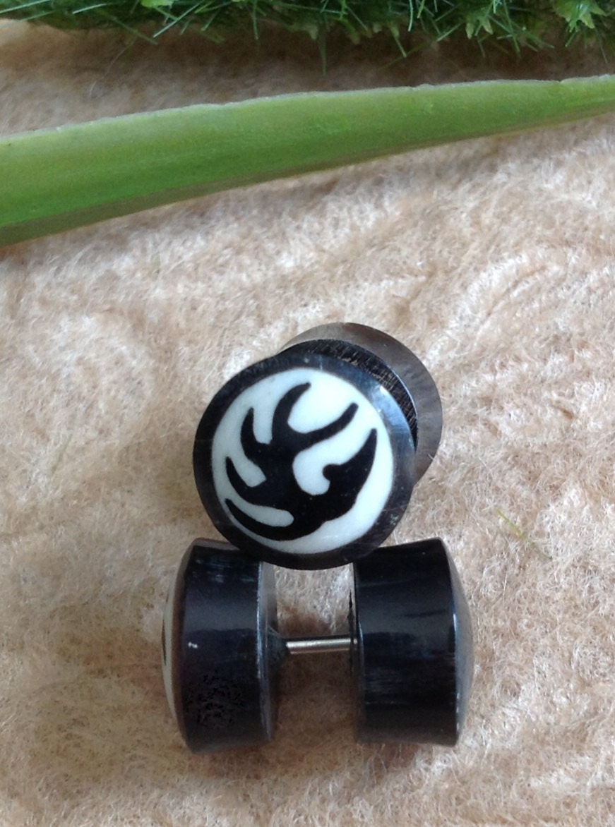 Fake Gauge Earrings, Fake Plugs, "Tribal Design" Hand Carved, Horn, Naturally Organic