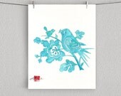 MOTHER AND CHILD, Chinese Papercut Mother and Child Little Birds, Flowers and Berries Watercolor print - 8" x 10" Print