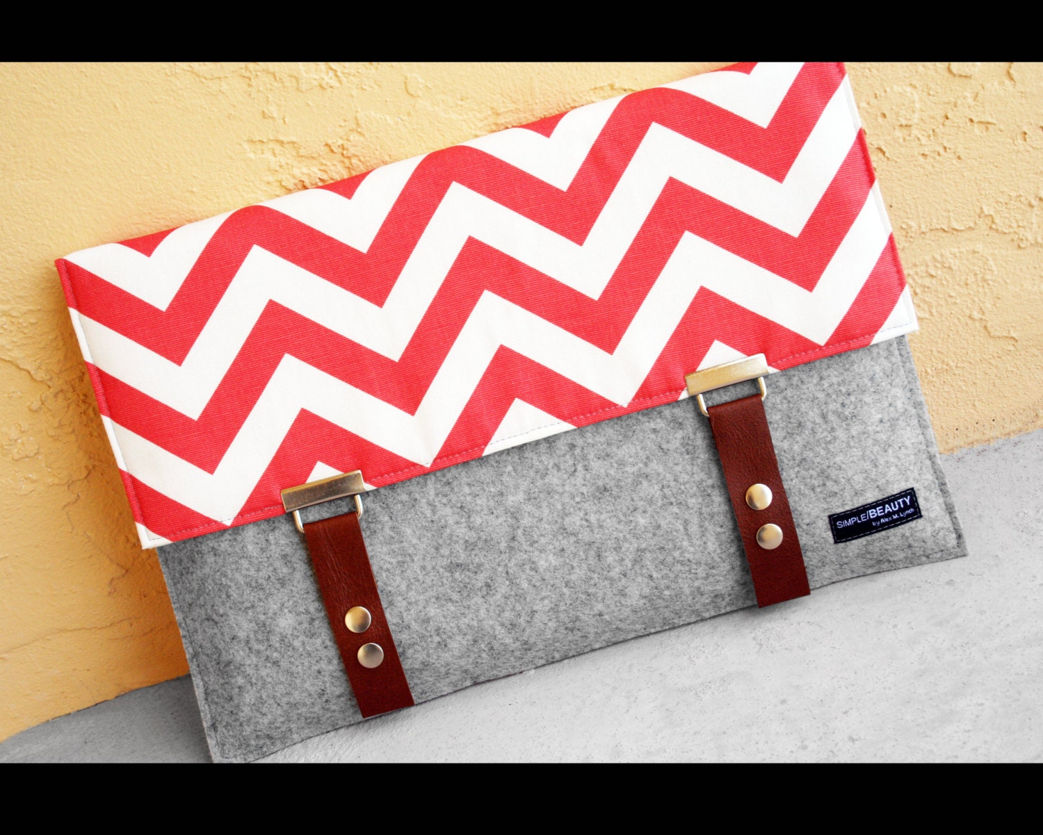 11 inch MacBook Air  Laptop Sleeve Case Cover pure merino wool felt with leather straps - Coral chevron