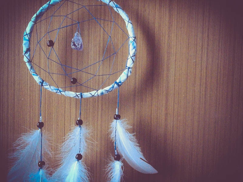 Dream Catcher - White Dreams - With Natural Raw Amethyst Gemstone, Natural White Feathers and Blue Web - Hippie Home Decor, Nursery Mobile