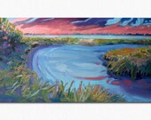 Dramatic pre DAWN , Morning on Biddeford Pool Marsh , Maine .Creative, original canvas painting ,  10X20  inches Abstract