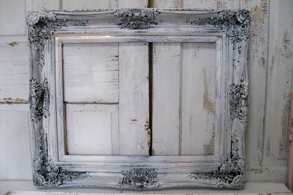 Large white carved wood frame ornate hand painted tobacco finish very well made heavy farmhouse home decor Anita Spero